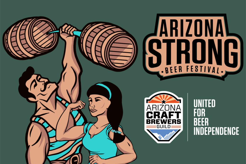 Muscular man lifting a beer barrel, woman holding a beer glass at Arizona Strong Beer Festival.