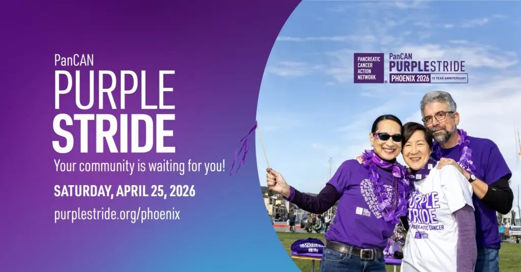 Three smiling participants at PanCAN PurpleStride