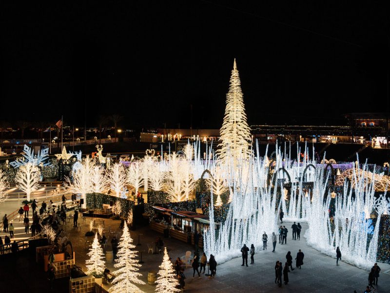 A brightly lit Christmas tree with surrounding glowing decorations at night.
