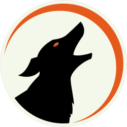 Silhouette of a howling wolf with an orange crescent background.
