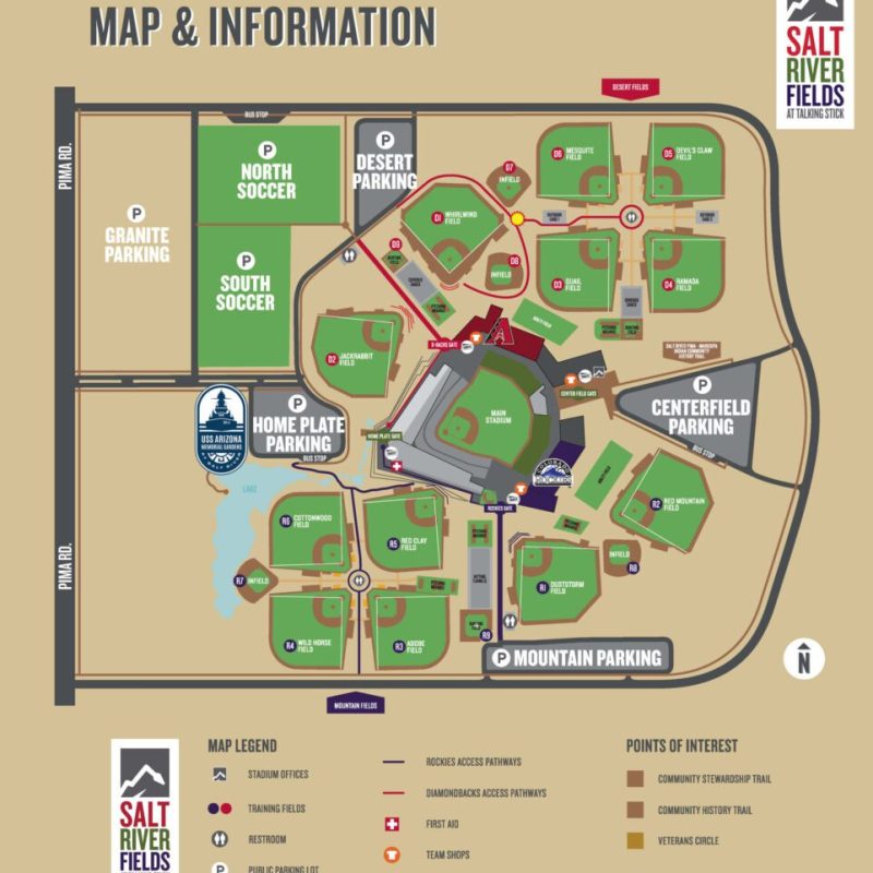 Map of a baseball stadium and surrounding facilities.