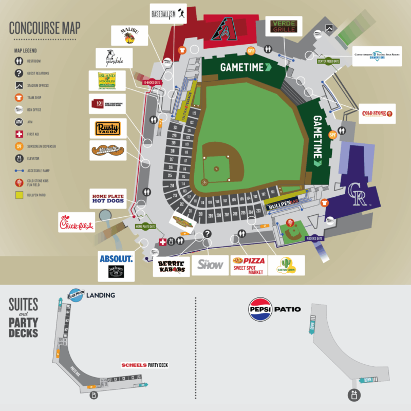 Map of an outdoor baseball stadium with food and drink vendors.